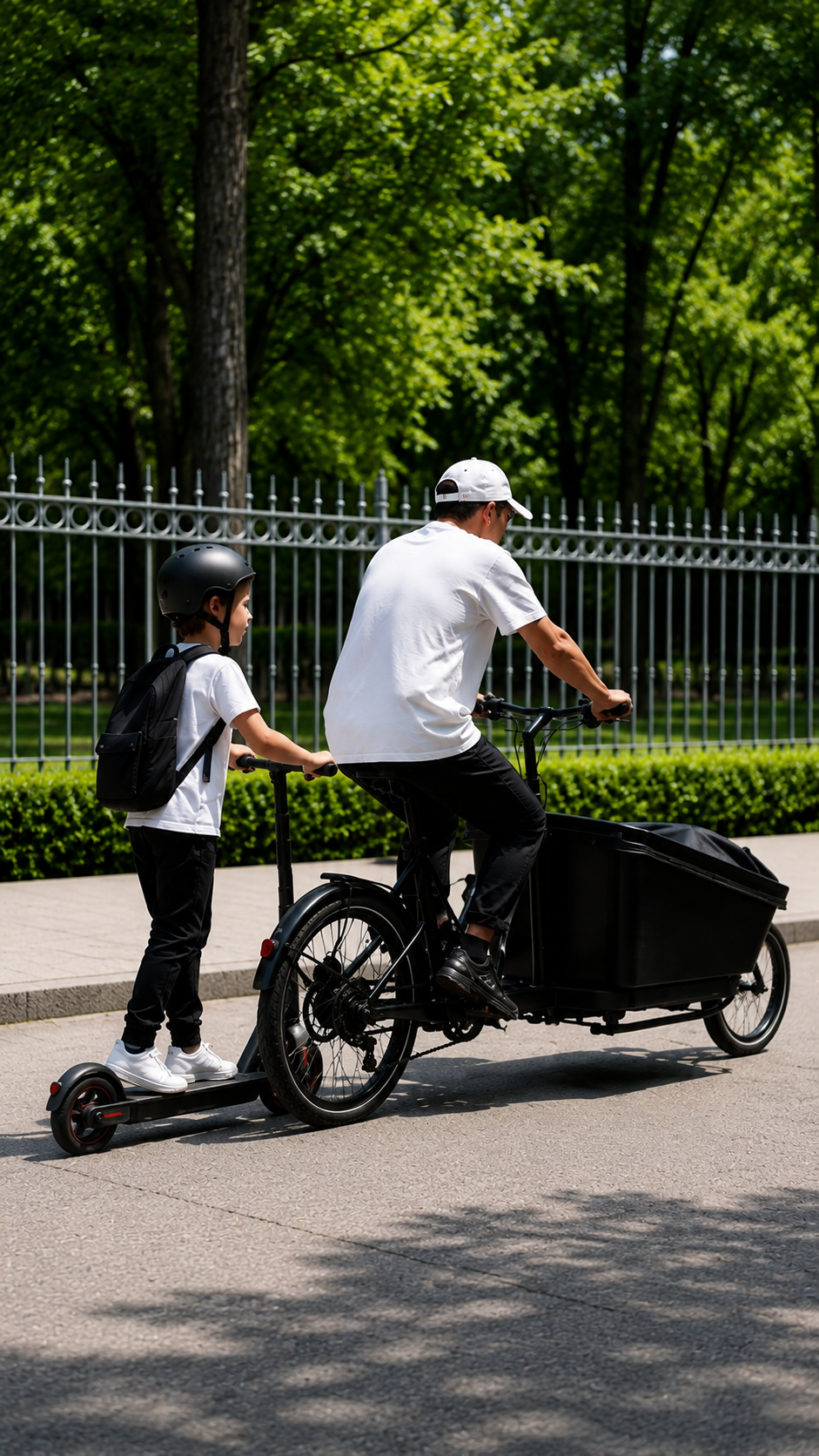 Barn på el-løbehjul og voksen på ladcykel i park